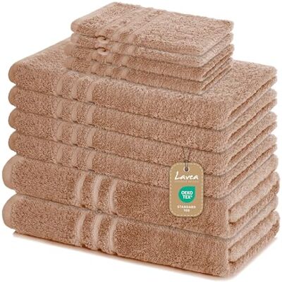 Lavea ® 10-teiliges Handtuch Set Elena, Cappuccino 100% Baumwolle 4x Handtuch, 2x Duschtuch, 2x Gästetuch, 2x Waschhandschuh, Frottee Handtücher Set weich, Bad & Gäste Lavea ® 10-teiliges Handtuch Set Elena, Cappuccino 100% Baumwolle 4x Handtuch, 2x Duschtuch, 2x Gästetuch, 2x Waschhandschuh, Frottee Handtücher Set weich, Bad & Gäste