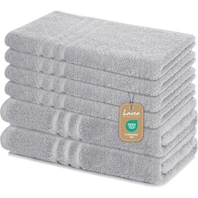 Lavea ® 6-teiliges Handtuch Set Elena, Silber 100% Baumwolle 4x Handtücher 50x100 cm, 2x Duschtücher 70x140 cm, Frottee Handtücher Set weich, Bad & Gäste Lavea ® 6-teiliges Handtuch Set Elena, Silber 100% Baumwolle 4x Handtücher 50x100 cm, 2x Duschtücher 70x140 cm, Frottee Handtücher Set weich, Bad & Gäste