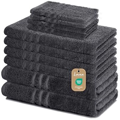 Lavea ® 10-teiliges Handtuch Set Elena, Anthrazit 100% Baumwolle 4x Handtuch, 2x Duschtuch, 2x Gästetuch, 2x Waschhandschuh, Frottee Handtücher Set weich, Bad & Gäste Lavea ® 10-teiliges Handtuch Set Elena, Anthrazit 100% Baumwolle 4x Handtuch, 2x Duschtuch, 2x Gästetuch, 2x Waschhandschuh, Frottee Handtücher Set weich, Bad & Gäste