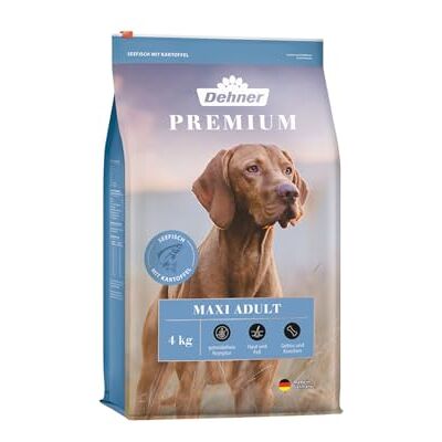 Dehner Premium Hundefutter Maxi Adult, Trockenfutter getreidefrei, für ausgewachsene Hunde großer Rassen, Fisch / Lamm / Kartoffel, 4 kg Dehner Premium Hundefutter Maxi Adult, Trockenfutter getreidefrei, für ausgewachsene Hunde großer Rassen, Fisch / Lamm / Kartoffel, 4 kg