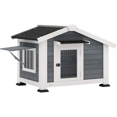 PawHut Außen-Holzhundehaus mit herausnehmbarem Boden grau Erhöhter Gartenschutz, Türvordach, wasserdichtes Dach, zu öffnendes Fenster, für mittelgroße/kleine Hunde & Katzen PawHut Außen-Holzhundehaus mit herausnehmbarem Boden grau Erhöhter Gartenschutz, Türvordach, wasserdichtes Dach, zu öffnendes Fenster, für mittelgroße/kleine Hunde & Katzen