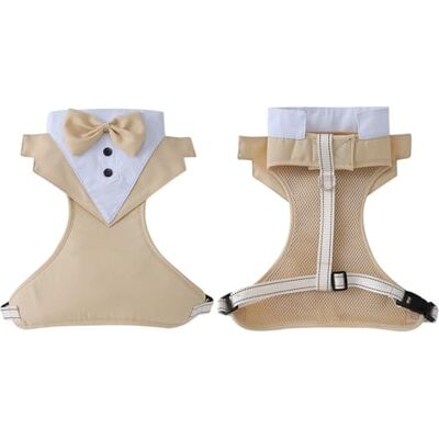 Haodream Hundegeschirr mit Fliege für Welpen mit Sicherung, Apricot M Hochzeits Smokinganzug mit atmungsaktivem Stoff für kleine Rassen und leicht laufende, bequeme Welpen Haodream Hundegeschirr mit Fliege für Welpen mit Sicherung, Apricot M Hochzeits Smokinganzug mit atmungsaktivem Stoff für kleine Rassen und leicht laufende, bequeme Welpen