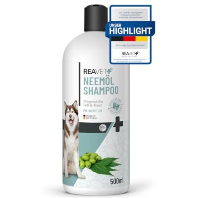 ReaVET Neemöl Shampoo für Hunde 500ml Hundeshampoo gegen Juckreiz, Milben, Flöhe, Zecken, Hautfreundlich, Pflegend & leicht kämmbar, Fellpflege & Fellglanz, Angenehm im Geruch ReaVET Neemöl Shampoo für Hunde 500ml Hundeshampoo gegen Juckreiz, Milben, Flöhe, Zecken, Hautfreundlich, Pflegend & leicht kämmbar, Fellpflege & Fellglanz, Angenehm im Geruch