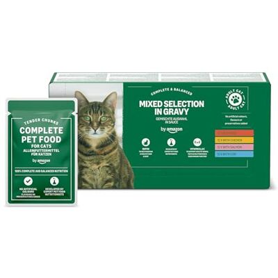 Amazon Katzenfutter, nass, für ausgewachsene Katzen, Gemischte Auswahl in Sauce, 4.8kg (48 Packungen mit 100g) Amazon Katzenfutter, nass, für ausgewachsene Katzen, Gemischte Auswahl in Sauce, 4.8kg (48 Packungen mit 100g)