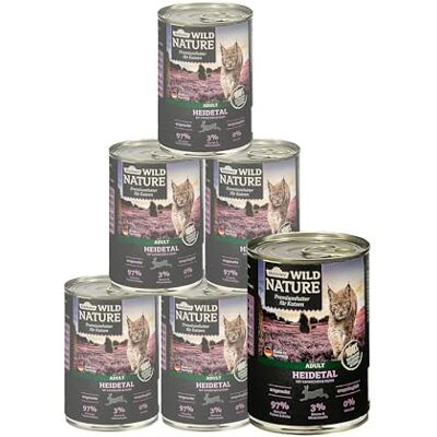 Dehner Wild Nature Katzenfutter Heidetal, Nassfutter getreidefrei / zuckerfrei, für ausgewachsene Katzen, Kaninchen / Huhn, 6 x 400 g Dose (2.4 kg) Dehner Wild Nature Katzenfutter Heidetal, Nassfutter getreidefrei / zuckerfrei, für ausgewachsene Katzen, Kaninchen / Huhn, 6 x 400 g Dose (2.4 kg)