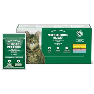 Amazon Katzenfutter, nass, getreidefreies, für ausgewachsene Katzen, gemischte Auswahl in Gelee, 4,8 kg (48 Packungen à 100 g) Amazon Katzenfutter, nass, getreidefreies, für ausgewachsene Katzen, gemischte Auswahl in Gelee, 4,8 kg (48 Packungen à 100 g)