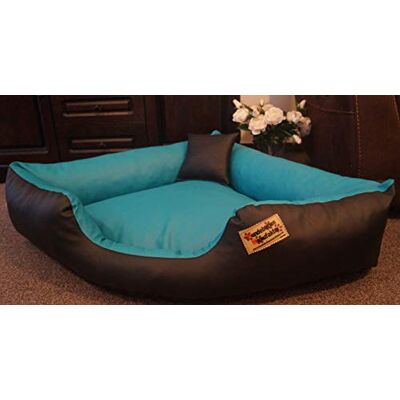 Hundebettenmanufaktur Hundebett Eckbett Hundesofa Schlafplatz Kunstleder Canto (80 cm X 80 cm, Schwarz Türkis) Hundebettenmanufaktur Hundebett Eckbett Hundesofa Schlafplatz Kunstleder Canto (80 cm X 80 cm, Schwarz Türkis)