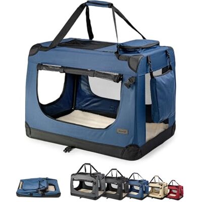 lionto Hundetransportbox, Faltbar, für Reise & Auto, 82x58x58 cm, Blau Stabile Hundebox aus Stoff mit Netzfenstern, Tragegriffen, weicher Decke & Taschen, für Katzen & Hunde bis 18 kg geeignet lionto Hundetransportbox, Faltbar, für Reise & Auto, 82x58x58 cm, Blau Stabile Hundebox aus Stoff mit Netzfenstern, Tragegriffen, weicher Decke & Taschen, für Katzen & Hunde bis 18 kg geeignet