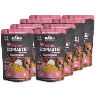 Bosch Freshe Schnauze, Huhn mit Reis und Karotten 8 x 250 g, Schonend Dampfgegartes Nassfutter für Hunde, Vollwertiges Alleinfuttermittel mit hohem Fleischgehalt, 8 x 250 g Hundenassfutter Bosch Freshe Schnauze, Huhn mit Reis und Karotten 8 x 250 g, Schonend Dampfgegartes Nassfutter für Hunde, Vollwertiges Alleinfuttermittel mit hohem Fleischgehalt, 8 x 250 g Hundenassfutter