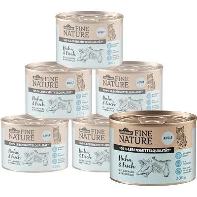 Dehner Fine Nature Katzenfutter, Nassfutter getreidefrei, für ausgewachsene Katzen, Huhn / Fisch, 6 x 200 g Dose (1.2 kg) Dehner Fine Nature Katzenfutter, Nassfutter getreidefrei, für ausgewachsene Katzen, Huhn / Fisch, 6 x 200 g Dose (1.2 kg)