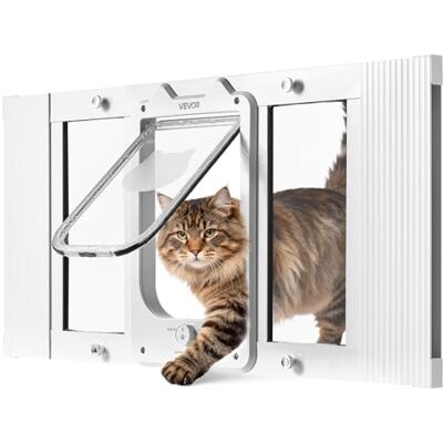 VEVOR Katzenklappe Katzentür Anpassbar an Fensterbreiten (686-813 mm), Wetterfeste Haustiertür mit 4 sicheren Verriegelungsmodi & Aluminiumrahmen & Hochtransparentem Glas & Magnetverschluss, Weiß VEVOR Katzenklappe Katzentür Anpassbar an Fensterbreiten (686-813 mm), Wetterfeste Haustiertür mit 4 sicheren Verriegelungsmodi & Aluminiumrahmen & Hochtransparentem Glas & Magnetverschluss, Weiß