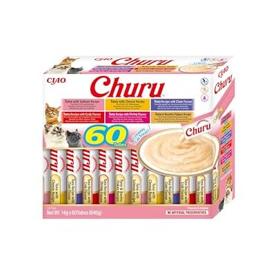 INABA Churu Premium Katzen Schleckies Einzelzutat mit Thunfisch, Getreidefrei, Zuckerfrei, Kalorienarm, besten Katzen Leckerlies für den Tierarzt, Keine Nebenerzeugnisse, Creamy Cat Treats 60 x 14g INABA Churu Premium Katzen Schleckies Einzelzutat mit Thunfisch, Getreidefrei, Zuckerfrei, Kalorienarm, besten Katzen Leckerlies für den Tierarzt, Keine Nebenerzeugnisse, Creamy Cat Treats 60 x 14g