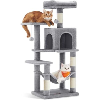 Feandrea Kratzbaum, 112 cm hoch, Katzenbaum, mehrstöckiges Katzenhaus, mit 4 Kratzsäulen, 2 Plattformen, Hängematte, Höhle, hellgrau PCT261W01 Feandrea Kratzbaum, 112 cm hoch, Katzenbaum, mehrstöckiges Katzenhaus, mit 4 Kratzsäulen, 2 Plattformen, Hängematte, Höhle, hellgrau PCT261W01