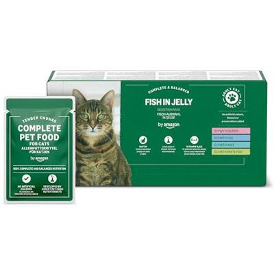 Amazon Katzenfutter, nass, getreidefreies, für ausgewachsene Katzen, Fisch-Auswahl in Gelee, 4,8 kg (48 Packungen à 100 g) Amazon Katzenfutter, nass, getreidefreies, für ausgewachsene Katzen, Fisch-Auswahl in Gelee, 4,8 kg (48 Packungen à 100 g)