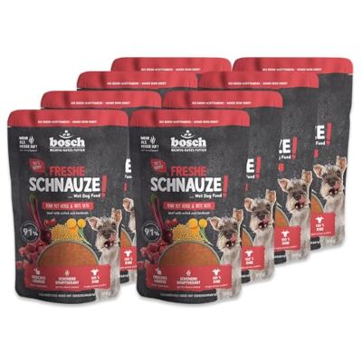 Bosch Freshe Schnauze, Rind mit Hirse und Rote Bete 8 x 250 g, Schonend Dampfgegartes Nassfutter für Hunde, Vollwertiges Alleinfuttermittel mit hohem Fleischgehalt, 8 x 250 g Hundenassfutter Bosch Freshe Schnauze, Rind mit Hirse und Rote Bete 8 x 250 g, Schonend Dampfgegartes Nassfutter für Hunde, Vollwertiges Alleinfuttermittel mit hohem Fleischgehalt, 8 x 250 g Hundenassfutter