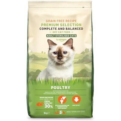 Amazon Getreidefreies Rezept für Katzen, Trockenfutter (sterilisiert/leicht) mit frischem Huhn, 3 kg Amazon Getreidefreies Rezept für Katzen, Trockenfutter (sterilisiert/leicht) mit frischem Huhn, 3 kg