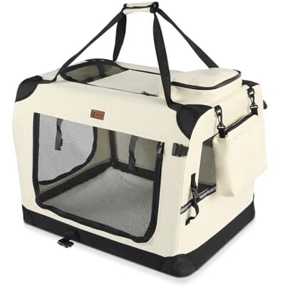 VOUNOT Hundebox faltbar, Transportbox Katze Hunde, Hundetasche, Oxford-Gewebe, Netzstoff, Atmungsaktiv, Transportabel, Metallrahmen, mit Griffen, Taschen, 60x44x44cm M, Beige VOUNOT Hundebox faltbar, Transportbox Katze Hunde, Hundetasche, Oxford-Gewebe, Netzstoff, Atmungsaktiv, Transportabel, Metallrahmen, mit Griffen, Taschen, 60x44x44cm M, Beige