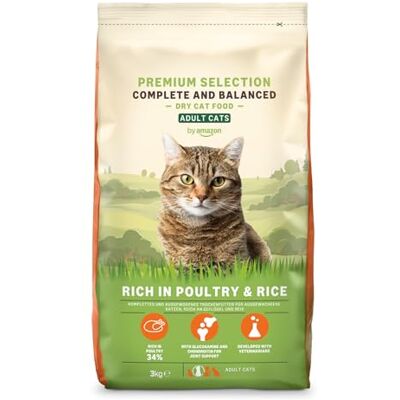 Amazon Komplett-Trockenfutter für ausgewachsene Katzen, reich an Huhn & Reis, 3 kg Amazon Komplett-Trockenfutter für ausgewachsene Katzen, reich an Huhn & Reis, 3 kg