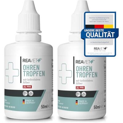 ReaVET Ohrentropfen für Hunde und Katzen 2 x 50 ml – mit kolloidalem Silber und Aloe Vera ReaVET Ohrentropfen für Hunde und Katzen 2 x 50 ml – mit kolloidalem Silber und Aloe Vera