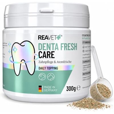 ReaVET Denta Fresh Care Futtertopping Zahnpflege-Pulver für Hunde bei Zahnbelag, Zahnstein & Mundgeruch 300 g Dose (bis 10 Monate) mit Seealgenmehl & Pfefferminze Made in Germany ReaVET Denta Fresh Care Futtertopping Zahnpflege-Pulver für Hunde bei Zahnbelag, Zahnstein & Mundgeruch 300 g Dose (bis 10 Monate) mit Seealgenmehl & Pfefferminze Made in Germany