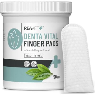 ReaVET Denta Vital Zahnpflege Finger-Pads für Hunde & Katzen 50 Stück – Zahnreinigung, Zahnpflege ohne Zahnbürste Zahnsteinentferner I Fingerpads, Fingerlinge gegen Mundgeruch ReaVET Denta Vital Zahnpflege Finger-Pads für Hunde & Katzen 50 Stück – Zahnreinigung, Zahnpflege ohne Zahnbürste Zahnsteinentferner I Fingerpads, Fingerlinge gegen Mundgeruch