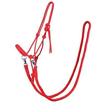 QHP Knotenhalfter mit Zügeln robustes 10 mm dickes Seil (Warmblut, Hellrot) QHP Knotenhalfter mit Zügeln robustes 10 mm dickes Seil (Warmblut, Hellrot)