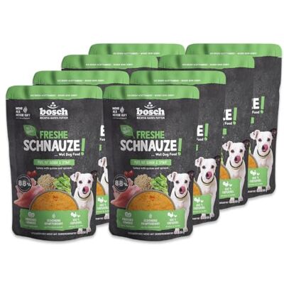 Bosch Freshe Schnauze, Pute mit Quinoa und Spinat 8 x 250 g, Schonend Dampfgegartes Nassfutter für Hunde, Vollwertiges Alleinfuttermittel mit hohem Fleischgehalt, 8 x 250 g Hundenassfutter Bosch Freshe Schnauze, Pute mit Quinoa und Spinat 8 x 250 g, Schonend Dampfgegartes Nassfutter für Hunde, Vollwertiges Alleinfuttermittel mit hohem Fleischgehalt, 8 x 250 g Hundenassfutter