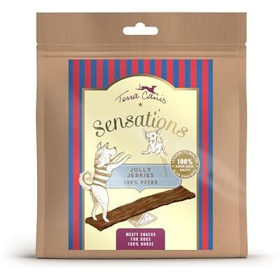 Terra Canis Pferd, Jolly Jerkies Sensations Hundesnack, 90g 100% Lebensmittelqualität aller Rohstoffe, schonend getrocknet, ideal als Kaubeschäftigung, getreide- und glutenfrei Terra Canis Pferd, Jolly Jerkies Sensations Hundesnack, 90g 100% Lebensmittelqualität aller Rohstoffe, schonend getrocknet, ideal als Kaubeschäftigung, getreide- und glutenfrei
