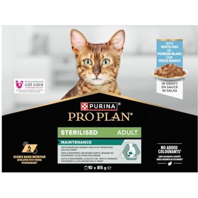 Pro Plan Purina Adult Sterilised Pflege Alleinfuttermittel für ausgewachsene Katzen sterilisiert hilft bei der Erhaltung Einer Guten Harngesundheit in Sauce mit Weißfisch Beutel 10 x 85 Pro Plan Purina Adult Sterilised Pflege Alleinfuttermittel für ausgewachsene Katzen sterilisiert hilft bei der Erhaltung Einer Guten Harngesundheit in Sauce mit Weißfisch Beutel 10 x 85