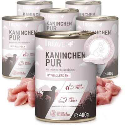 ReaVET Premium Hunde Nassfutter Kaninchen PUR 6 x 400g I Reines Muskelfleisch, Hypoallergen, ohne Getreide & Zusätze, Hundenassfutter sensitiv für Allergiker ReaVET Premium Hunde Nassfutter Kaninchen PUR 6 x 400g I Reines Muskelfleisch, Hypoallergen, ohne Getreide & Zusätze, Hundenassfutter sensitiv für Allergiker