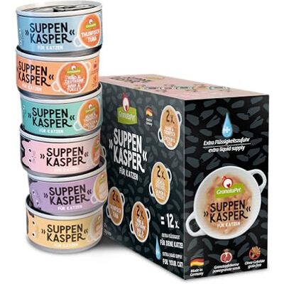 GranataPet Suppenkasper Multipack 6 Sorten, 12 x 70 g, Snacks für Katzen, Leckerchen für extra Flüssigkeitszufuhr, Suppe gegen den kleinen Hunger, Katzenfutter ohne Getreide und ohne Zuckerzusätze GranataPet Suppenkasper Multipack 6 Sorten, 12 x 70 g, Snacks für Katzen, Leckerchen für extra Flüssigkeitszufuhr, Suppe gegen den kleinen Hunger, Katzenfutter ohne Getreide und ohne Zuckerzusätze