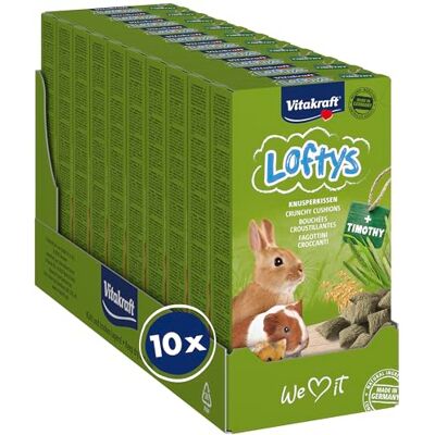 Vitakraft Loftys, Knusperkissen für Nager, Nager Snack, mit Hafer und Timothy Heu, ohne Zusatz von Zucker (10x 100g) Vitakraft Loftys, Knusperkissen für Nager, Nager Snack, mit Hafer und Timothy Heu, ohne Zusatz von Zucker (10x 100g)