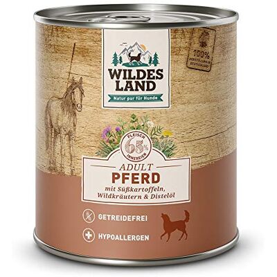 WILDES LAND Nassfutter für Hunde Nr. 3 Pferd 6 x 800 g mit Süßkartoffeln, Wildkräutern & Distelöl Glutenfrei Extra viel Fleisch Beste Akzeptanz und Verträglichkeit WILDES LAND Nassfutter für Hunde Nr. 3 Pferd 6 x 800 g mit Süßkartoffeln, Wildkräutern & Distelöl Glutenfrei Extra viel Fleisch Beste Akzeptanz und Verträglichkeit