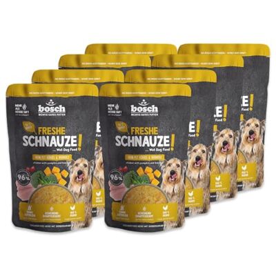 Bosch Freshe Schnauze, Huhn mit Kürbis und Brokkoli 8 x 250 g, Schonend Dampfgegartes Nassfutter für Hunde, Vollwertiges Alleinfuttermittel mit hohem Fleischgehalt, 8 x 250 g Hundenassfutter Bosch Freshe Schnauze, Huhn mit Kürbis und Brokkoli 8 x 250 g, Schonend Dampfgegartes Nassfutter für Hunde, Vollwertiges Alleinfuttermittel mit hohem Fleischgehalt, 8 x 250 g Hundenassfutter