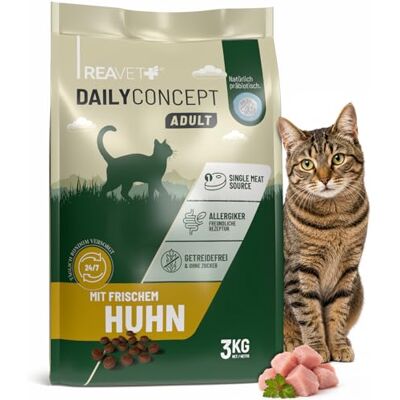 ReaVET DAILYCONCEPT Trockenfutter für Sensible Katzen Adult Huhn 3kg (2x1,5kg) – Getreidefrei mit viel Fleisch, Omega-3 Komplex für Haut & Fell, Katzenfutter trocken ohne Zucker ReaVET DAILYCONCEPT Trockenfutter für Sensible Katzen Adult Huhn 3kg (2x1,5kg) – Getreidefrei mit viel Fleisch, Omega-3 Komplex für Haut & Fell, Katzenfutter trocken ohne Zucker