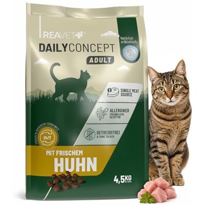 ReaVET DAILYCONCEPT Trockenfutter für Sensible Katzen Adult Huhn 4,5kg (3x1,5kg) – Getreidefrei mit viel Fleisch, Omega-3 Komplex für Haut & Fell, Katzenfutter trocken ohne Zucker ReaVET DAILYCONCEPT Trockenfutter für Sensible Katzen Adult Huhn 4,5kg (3x1,5kg) – Getreidefrei mit viel Fleisch, Omega-3 Komplex für Haut & Fell, Katzenfutter trocken ohne Zucker