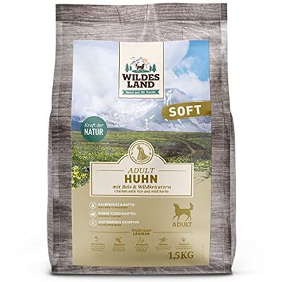 WILDES LAND Halbfeuchtes Trockenfutter für Hunde Huhn 1,5 kg Soft mit Reis und Wildkräutern Glutenfrei Extra viel Fleisch Für alle Hunderassen Beste Akzeptanz WILDES LAND Halbfeuchtes Trockenfutter für Hunde Huhn 1,5 kg Soft mit Reis und Wildkräutern Glutenfrei Extra viel Fleisch Für alle Hunderassen Beste Akzeptanz