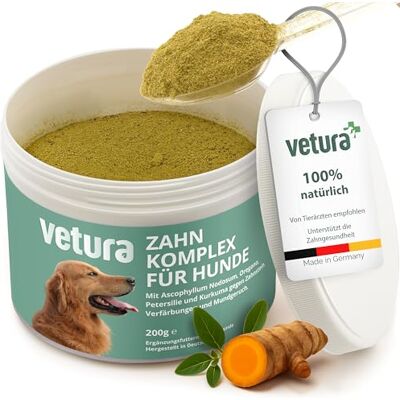 Vetura Zahnpflege Zahnpulver Hund 200g – gegen Maulgeruch & Zahnbelag Mit Postbiotika L. plantarum, Seealge, Spirulina, Kurkuma & Oregano, vegan, getreidefrei, laktosefrei, Made in Germany, GMP+ Vetura Zahnpflege Zahnpulver Hund 200g – gegen Maulgeruch & Zahnbelag Mit Postbiotika L. plantarum, Seealge, Spirulina, Kurkuma & Oregano, vegan, getreidefrei, laktosefrei, Made in Germany, GMP+