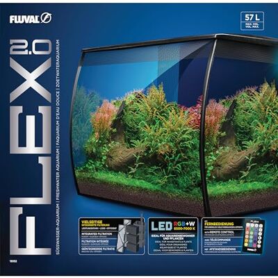 Fluval Flex 2.0 Aquarienset 57 L, LED Aquarium Komplettset mit Frontscheibe Glasaquarium mit RGB+W LED-Beleuchtung, Fernbedienung, integrierter 3-stufiger Filtration und einstellbarem Wasserdurchfluss Fluval Flex 2.0 Aquarienset 57 L, LED Aquarium Komplettset mit Frontscheibe Glasaquarium mit RGB+W LED-Beleuchtung, Fernbedienung, integrierter 3-stufiger Filtration und einstellbarem Wasserdurchfluss