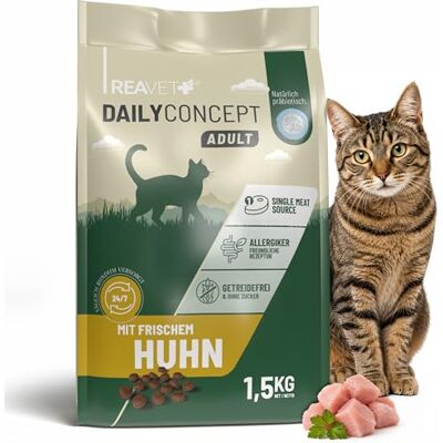 ReaVET DAILYCONCEPT Trockenfutter für Sensible Katzen Adult Huhn 1,5kg – Getreidefrei mit viel Fleisch, Omega-3 Komplex für Haut & Fell, Katzenfutter trocken ohne Zucker ReaVET DAILYCONCEPT Trockenfutter für Sensible Katzen Adult Huhn 1,5kg – Getreidefrei mit viel Fleisch, Omega-3 Komplex für Haut & Fell, Katzenfutter trocken ohne Zucker