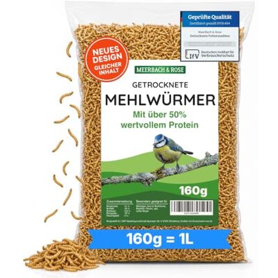 MeerBach & Rose MEHLWÜRMER getrocknet 160g Sparpack (entspricht 1 Liter) Proteinreicher Snack für Vögel, Wildvögel, Fische, Reptilien und Nager. Qualität aus Deutschland MeerBach & Rose MEHLWÜRMER getrocknet 160g Sparpack (entspricht 1 Liter) Proteinreicher Snack für Vögel, Wildvögel, Fische, Reptilien und Nager. Qualität aus Deutschland