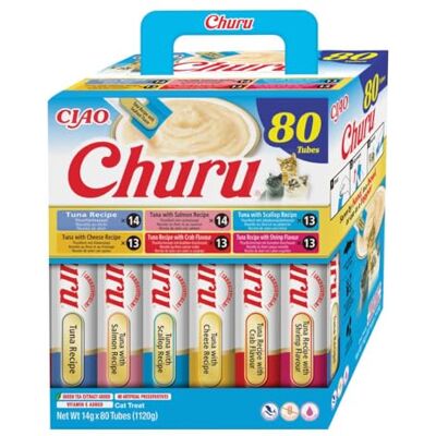 INABA Churu, Katzen Schleckies Creamy Snack mit Thunfisch, 80 x 14g Variety Box, Keine Nebenerzeugnisse, Getreidefrei, Zuckerfrei, Kalorienarm, 100% Echtes Fleisch, Premium Katzen Leckerlis INABA Churu, Katzen Schleckies Creamy Snack mit Thunfisch, 80 x 14g Variety Box, Keine Nebenerzeugnisse, Getreidefrei, Zuckerfrei, Kalorienarm, 100% Echtes Fleisch, Premium Katzen Leckerlis
