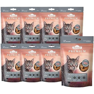 Dehner Premium Katzensnack, Leckerli glutenfrei / getreidefrei, Fleischstreifen für Katzen, Kalb / Leinsamen, 8 x 45 g (360 g) Dehner Premium Katzensnack, Leckerli glutenfrei / getreidefrei, Fleischstreifen für Katzen, Kalb / Leinsamen, 8 x 45 g (360 g)