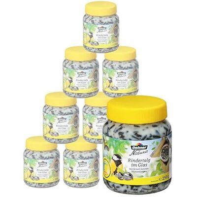 Dehner Natura Premium Wildvogelfutter, Rindertalg im Glas, Sonnenblumenkerne, Ganzjahresfutter energiereich / zuckerfrei, hochwertiges Vogelfutter für Wildvögel, 8 x 250 g (2 kg) Dehner Natura Premium Wildvogelfutter, Rindertalg im Glas, Sonnenblumenkerne, Ganzjahresfutter energiereich / zuckerfrei, hochwertiges Vogelfutter für Wildvögel, 8 x 250 g (2 kg)