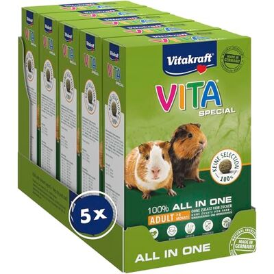 Vitakraft Vita Special Adult, Meerschweinchen Futter, mit Gräsern und Kräutern, geringer Calciumgehalt, für gesundes Fell, ohne Zusatz von Zucker und Getreide (5 x 600 g) Vitakraft Vita Special Adult, Meerschweinchen Futter, mit Gräsern und Kräutern, geringer Calciumgehalt, für gesundes Fell, ohne Zusatz von Zucker und Getreide (5 x 600 g)