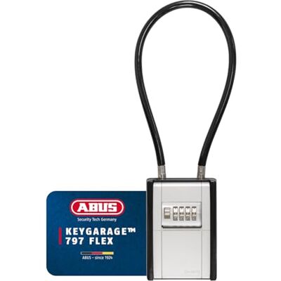 Abus KeyGarage 797 FLEX Schlüsselkasten mit Zahlencode und Kabel zur flexiblen Befestigung zum Aufbewahren von Schlüsseln und kleinen Wertgegenständen – schwarz-silber Abus KeyGarage 797 FLEX Schlüsselkasten mit Zahlencode und Kabel zur flexiblen Befestigung zum Aufbewahren von Schlüsseln und kleinen Wertgegenständen – schwarz-silber