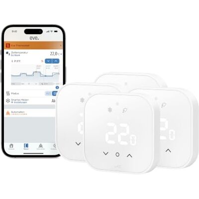 Eve Thermostat (Matter) 4er Pack Smartes Thermostat für Fußbodenheizungen Fußbodenheizungssteuerung für Alexa, Apple, Google, App- und Sprachsteuerung, präzise Einzelraumsteuerung, Triac-Schaltung Eve Thermostat (Matter) 4er Pack Smartes Thermostat für Fußbodenheizungen Fußbodenheizungssteuerung für Alexa, Apple, Google, App- und Sprachsteuerung, präzise Einzelraumsteuerung, Triac-Schaltung
