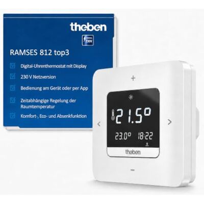 Theben 8120200 Ramses 812 top3 Digital-Uhrenthermostat Netzversion Raumthermostat, Bedienung Gerät/App, Bluetooth BLE, Display, 3 Wochenprogramme, Puls-Dauer, Hysterese Komfort, Eco, Absenk Theben 8120200 Ramses 812 top3 Digital-Uhrenthermostat Netzversion Raumthermostat, Bedienung Gerät/App, Bluetooth BLE, Display, 3 Wochenprogramme, Puls-Dauer, Hysterese Komfort, Eco, Absenk