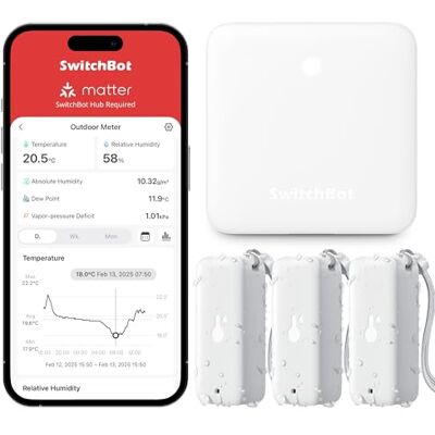 SwitchBot WLAN Hygrometer Thermometer Innen Außen 3 Pack with Hub Mini, IP65 Wasserdichter Temperatur- und Feuchtigkeitssensor mit App Benachrichtigung und kostenlose Datenspeicherung SwitchBot WLAN Hygrometer Thermometer Innen Außen 3 Pack with Hub Mini, IP65 Wasserdichter Temperatur- und Feuchtigkeitssensor mit App Benachrichtigung und kostenlose Datenspeicherung