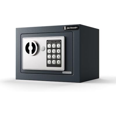 Jan Nowak Elektronischer Tresor, Safe mit Zahlenschloss, 23 x 17 x 17 cm Alarm nach drei Fehlversuchen, Notschlüssel, drei LED Anzeigen, zwei Stahlriegel, Wand oder Bodenmontage Jan Nowak Elektronischer Tresor, Safe mit Zahlenschloss, 23 x 17 x 17 cm Alarm nach drei Fehlversuchen, Notschlüssel, drei LED Anzeigen, zwei Stahlriegel, Wand oder Bodenmontage